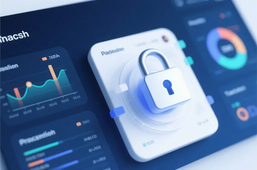 An abstract digital dashboard showing fast transaction processing graphics, a stylized security lock icon, clean interface design, technology theme