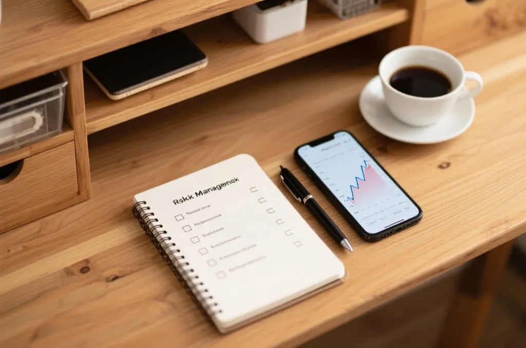 An organized wooden workspace with a notebook showing a risk management checklist, a pen, a smartphone displaying a rising line graph, and a cup of black coffee, cozy and analytical atmosphere